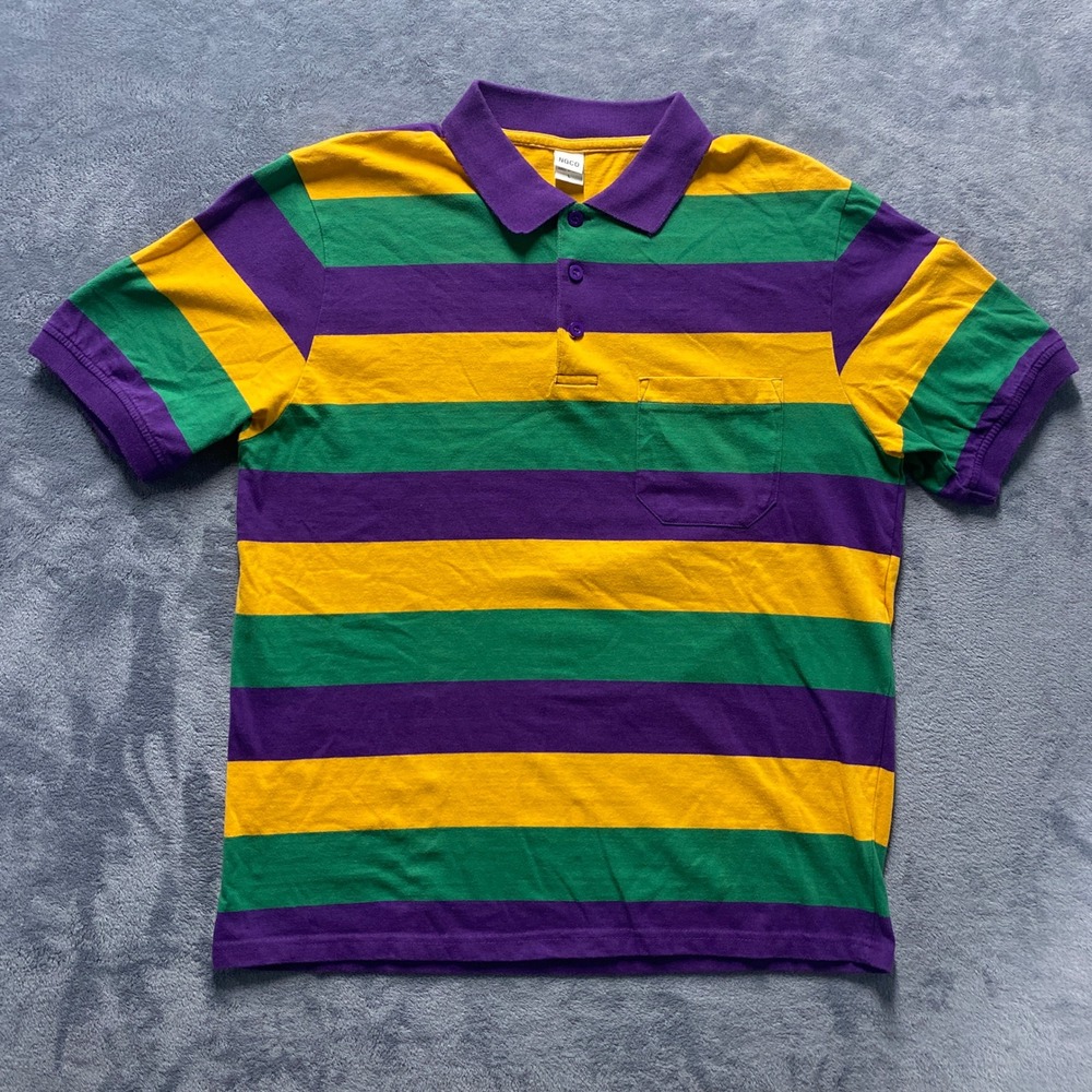 NGCO‎ Polo Shirt Mens Large Multi Color Excellent Mardi Gras Striped Pocket Tee